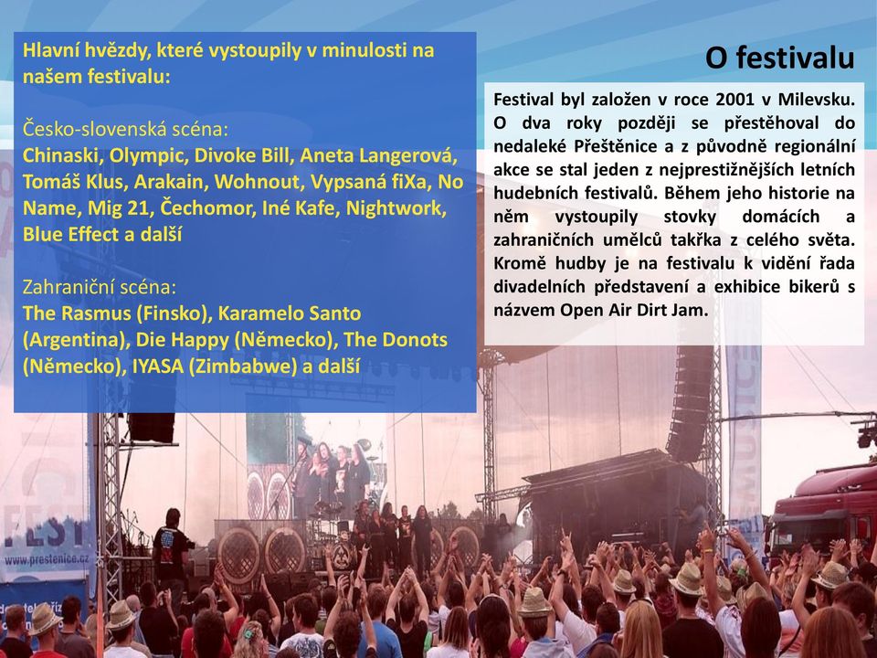 Festival byl založen v roce 2001 v Milevsku. O dva roky později se přestěhoval do nedaleké Přeštěnice a z původně regionální akce se stal jeden z nejprestižnějších letních hudebních festivalů.