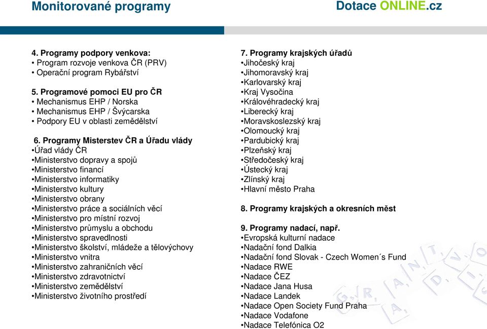 Programy Misterstev ČR a Úřadu vlády Úřad vlády ČR Ministerstvo dopravy a spojů Ministerstvo financí Ministerstvo informatiky Ministerstvo kultury Ministerstvo obrany Ministerstvo práce a sociálních