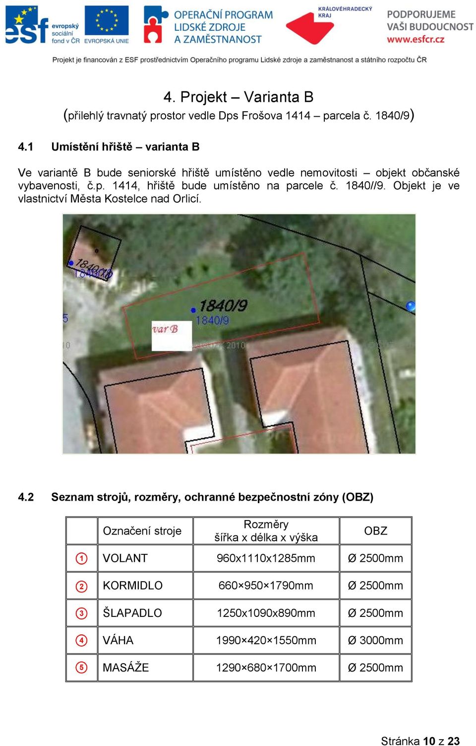 1414, hřiště bude umístěno na parcele č. 1840//9. Objekt je ve vlastnictví Města Kostelce nad Orlicí. 4.