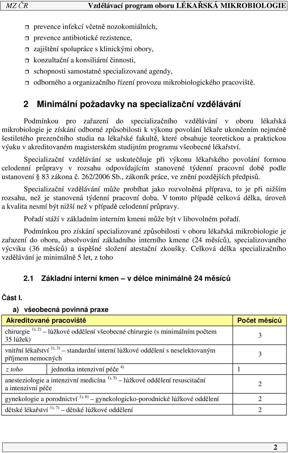 Minimální požadavky na specializační vzdělávání Podmínkou pro zařazení do specializačního vzdělávání v oboru lékařská mikrobiologie je získání odborné způsobilosti k výkonu povolání lékaře ukončením