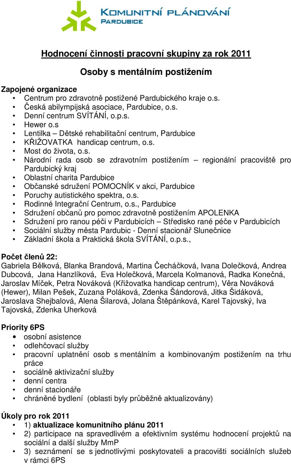 s. Rodinné Integrační Centrum, o.s., Pardubice Sdružení občanů pro pomoc zdravotně postižením APOLENKA Sdružení pro ranou péči v Pardubicích Středisko rané péče v Pardubicích Sociální služby města