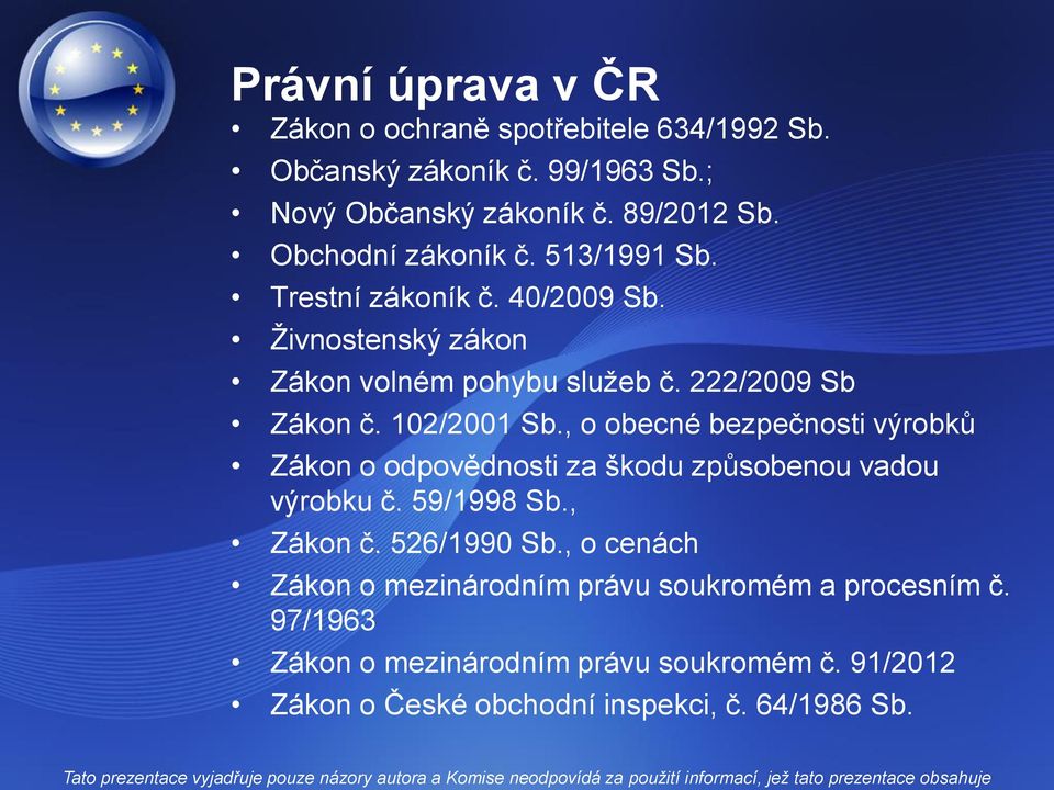 102/2001 Sb., o obecné bezpečnosti výrobků Zákon o odpovědnosti za škodu způsobenou vadou výrobku č. 59/1998 Sb., Zákon č. 526/1990 Sb.