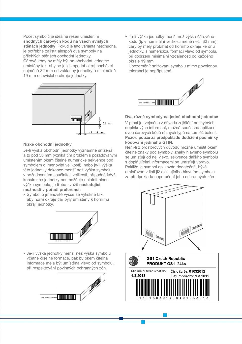 Čárové kódy by měly být na obchodní jednotce umístěny tak, aby se jejich spodní okraj nacházel nejméně 32 mm od základny jednotky a minimálně 1 mm od svislého okraje jednotky.