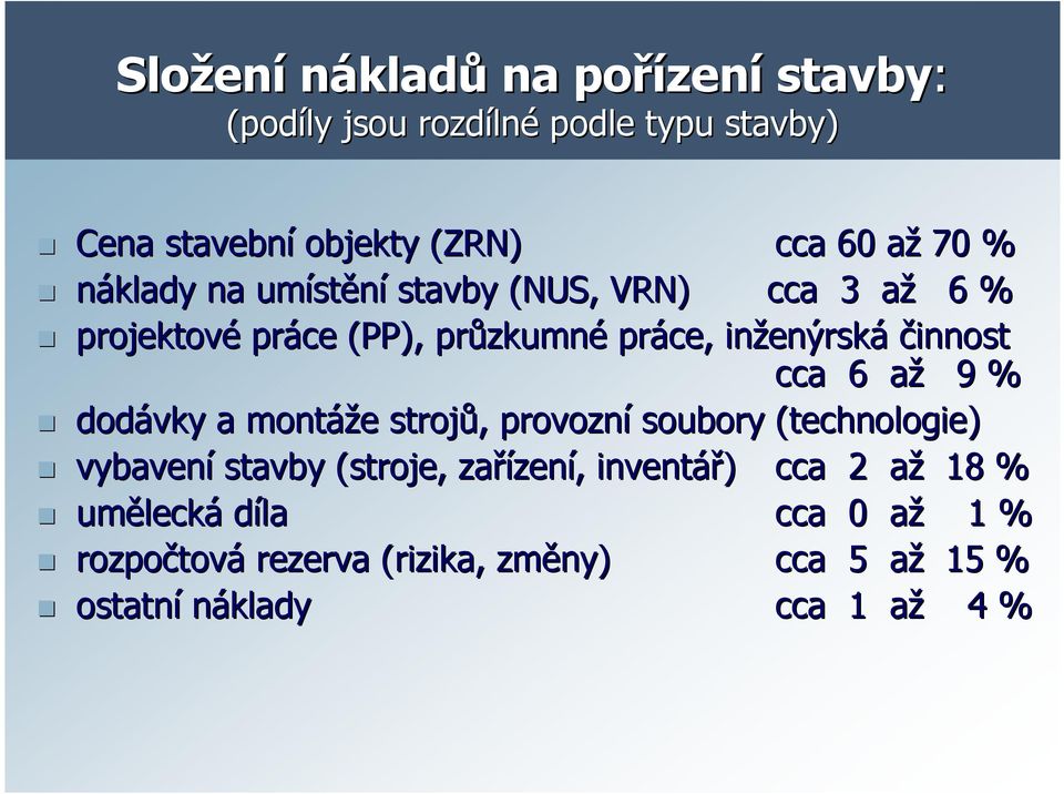cca 6 aža 9 % dodávky a montáže e strojů,, provozní soubory (technologie) vybavení stavby (stroje, zařízen zení,, inventář) cca