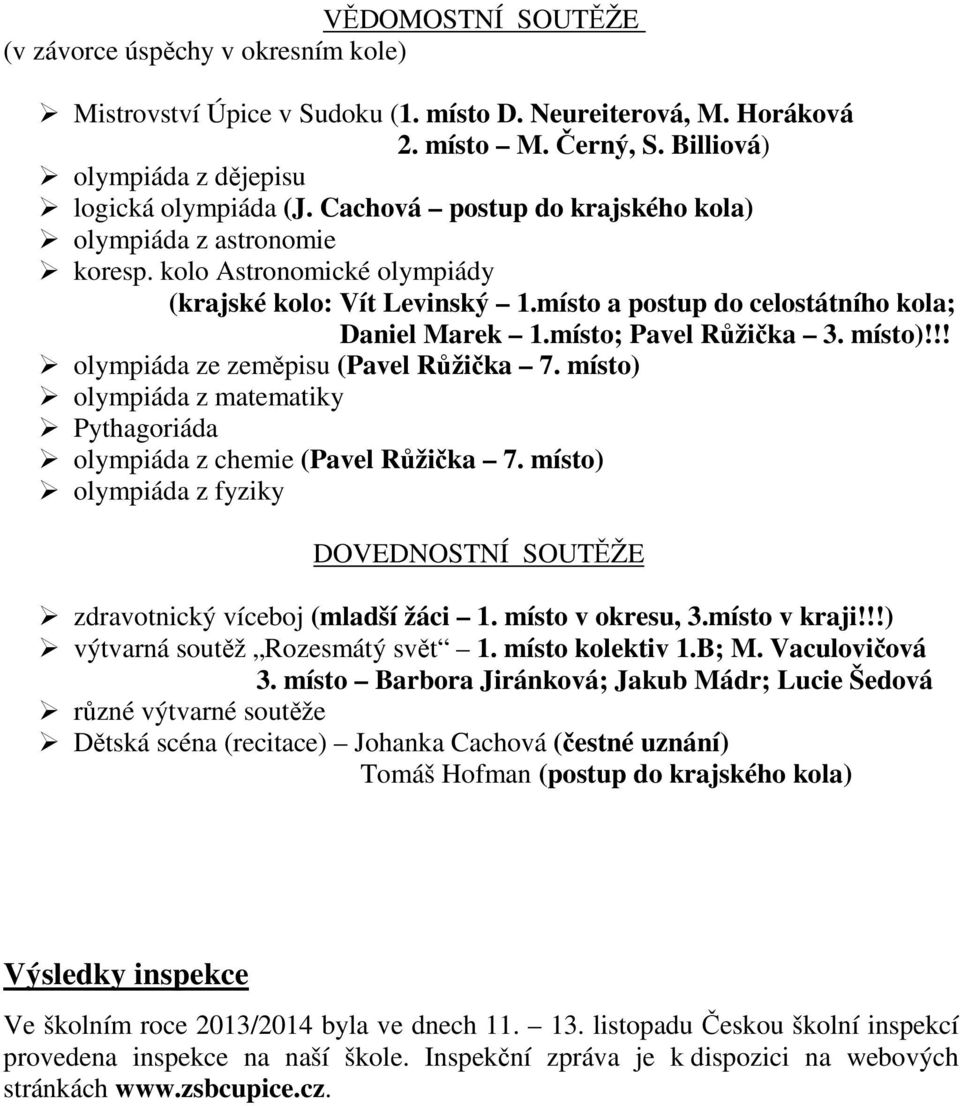 místo)!!! olympiáda ze zeměpisu (Pavel Růžička 7. místo) olympiáda z matematiky Pythagoriáda olympiáda z chemie (Pavel Růžička 7.