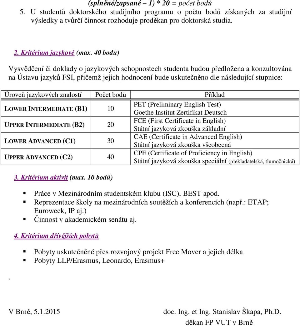 jazykových znalostí Počet bodů Příklad LOWER INTERMEDIATE (B1) 10 PET (Preliminary English Test) Goethe Institut Zertifikat Deutsch UPPER INTERMEDIATE (B2) 20 FCE (First Certificate in English)