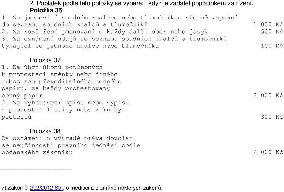 Za oznámení údajů ze seznamu soudních znalců a tlumočníků týkající se jednoho znalce nebo tlumočníka 100 Kč Položka 37 1.