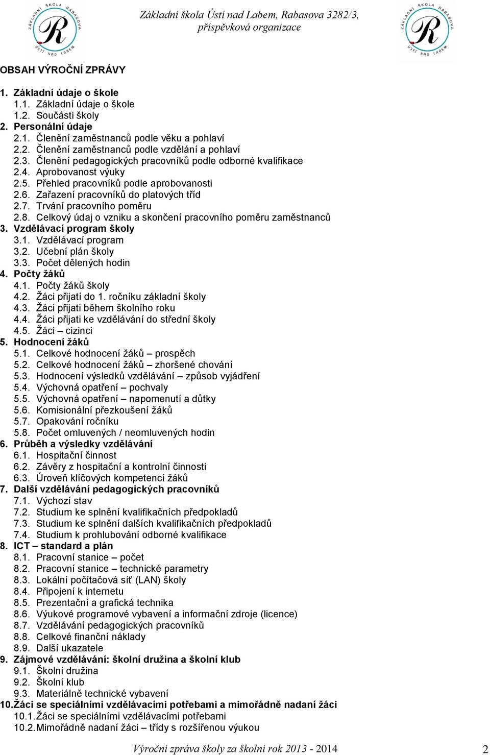 Trvání pracovního poměru 2.8. Celkový údaj o vzniku a skončení pracovního poměru zaměstnanců 3. Vzdělávací program školy 3.1. Vzdělávací program 3.2. Učební plán školy 3.3. Počet dělených hodin 4.