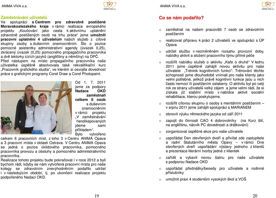 jsme umžnili pracvní uplatnění 4 uživatelům našich služeb z cílvé skupiny sby s duševním nemcněním.
