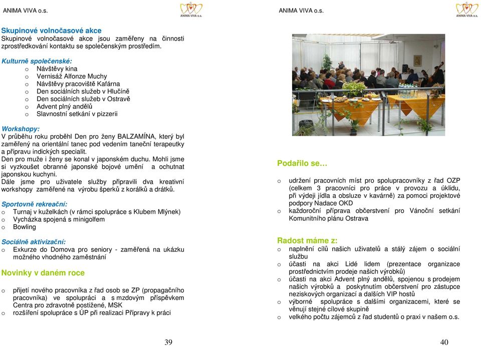 Wrkshpy: V průběhu rku prběhl Den pr ženy BALZAMÍNA, který byl zaměřený na rientální tanec pd vedením taneční terapeutky a přípravu indických specialit. Den pr muže i ženy se knal v japnském duchu.