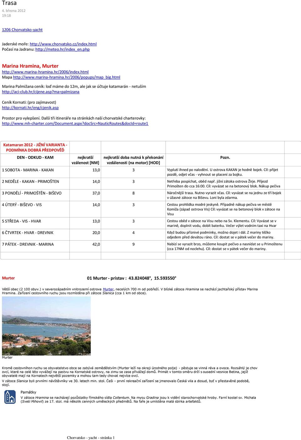 ma=palmizana Ceník Kornati: (pro zajímavost) http://kornati.hr/eng/cjenik.asp Prostor pro vylepšení. Další tři itineráře na stránkách naší chorvatské charterovky: http://www.mh-charter.com/document.