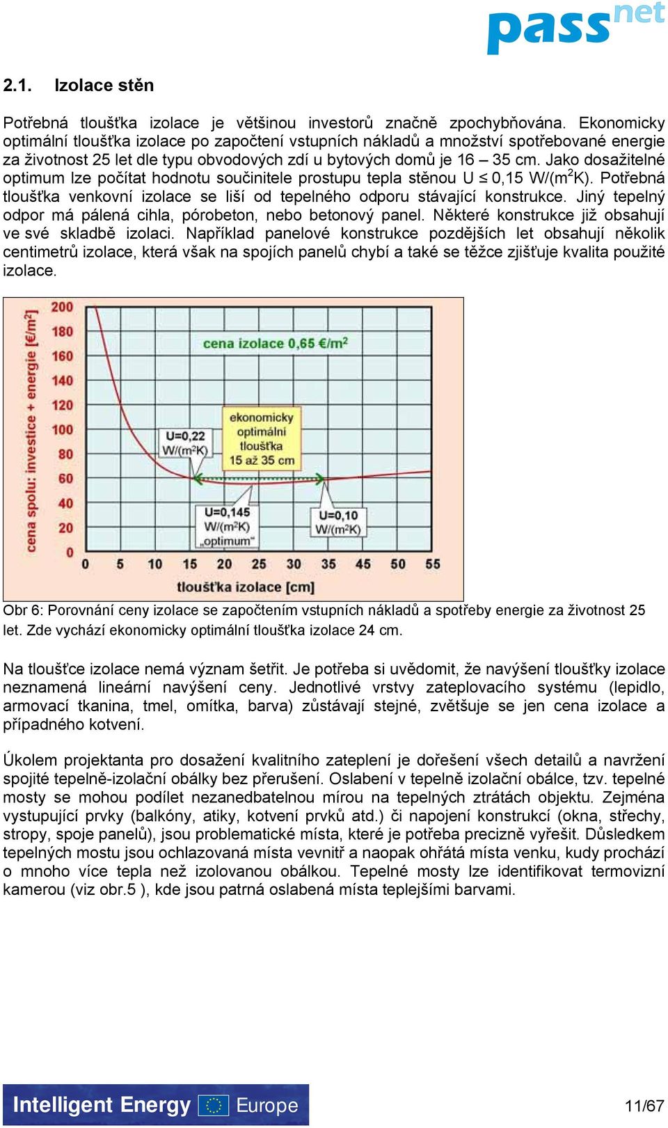 Jako dosažitelné optimum lze počítat hodnotu součinitele prostupu tepla stěnou U 0,15 W/(m 2 K). Potřebná tloušťka venkovní izolace se liší od tepelného odporu stávající konstrukce.