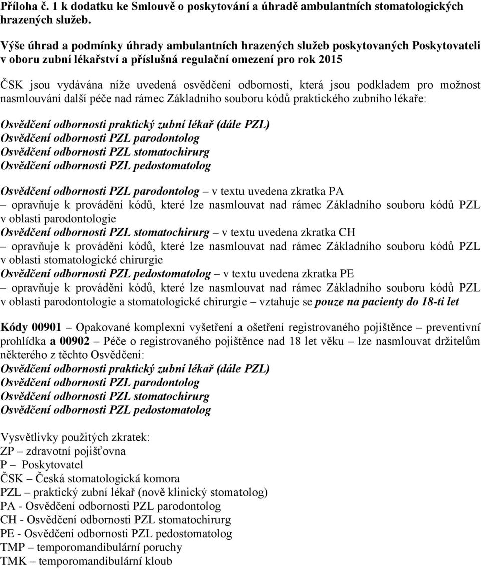 odbornosti, která jsou podkladem pro možnost nasmlouvání další péče nad rámec Základního souboru kódů praktického zubního lékaře: Osvědčení odbornosti praktický zubní lékař (dále PZL) Osvědčení