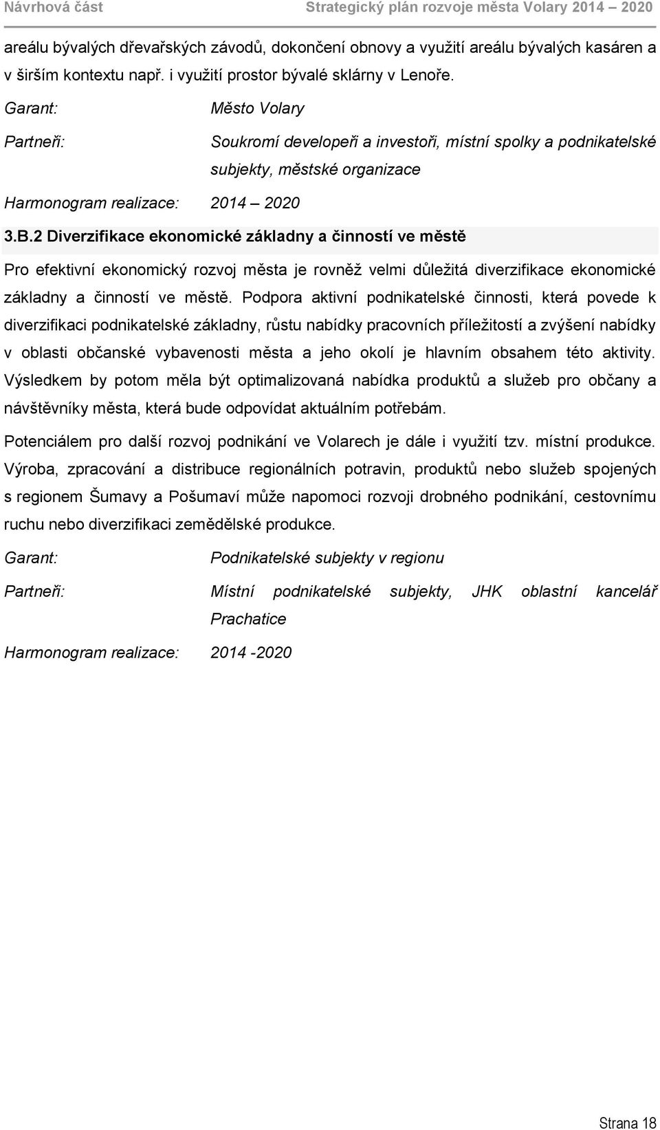 Garant: Partneři: Město Volary Soukromí developeři a investoři, místní spolky a podnikatelské subjekty, městské organizace Harmonogram realizace: 2014 2020 3.B.