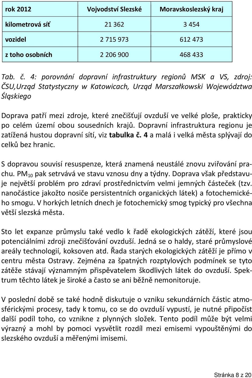 velké ploše, prakticky po celém území obou sousedních krajů. Dopravní infrastruktura regionu je zatížená hustou dopravní sítí, viz tabulka č. 4 a malá i velká města splývají do celků bez hranic.