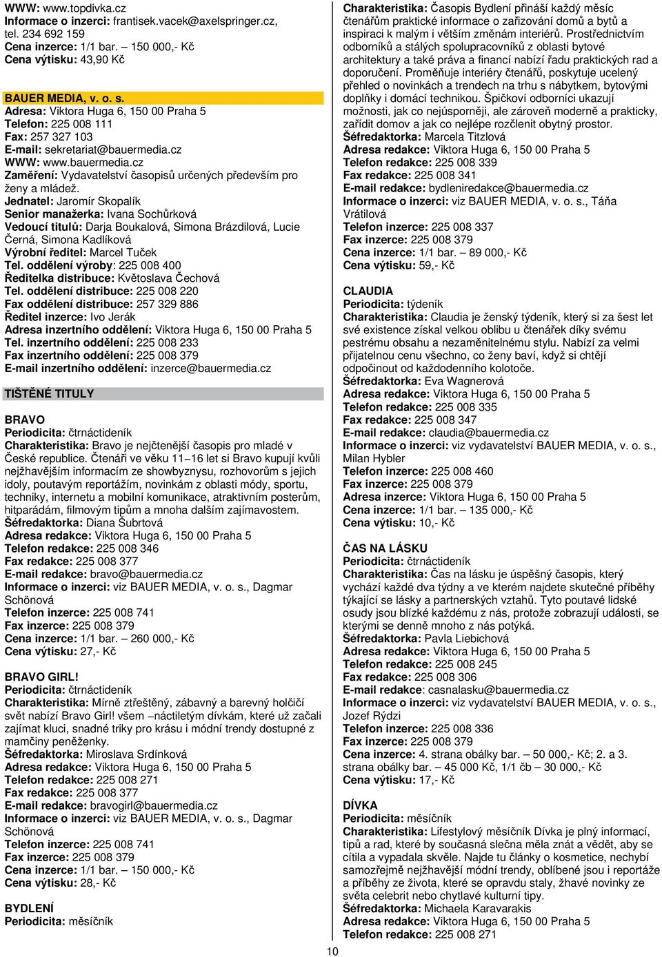 Jednatel: Jaromír Skopalík Senior manažerka: Ivana Sochůrková Vedoucí titulů: Darja Boukalová, Simona Brázdilová, Lucie Černá, Simona Kadlíková Výrobní ředitel: Marcel Tuček Tel.