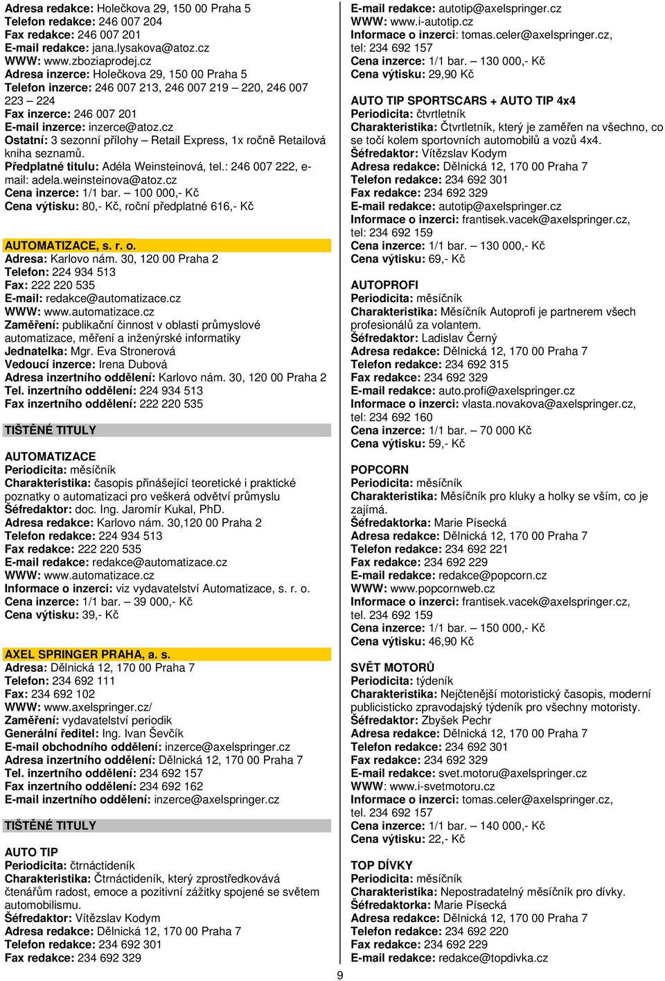 cz Ostatní: 3 sezonní přílohy Retail Express, 1x ročně Retailová kniha seznamů. Předplatné titulu: Adéla Weinsteinová, tel.: 246 007 222, e- mail: adela.weinsteinova@atoz.cz Cena inzerce: 1/1 bar.