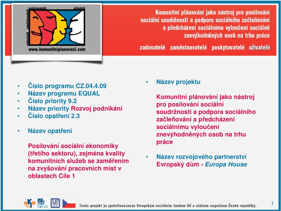 pracovních míst v oblastech Cíle 1 Název projektu Komunitní plánování jako nástroj pro posilování sociální soudržnosti a podpora