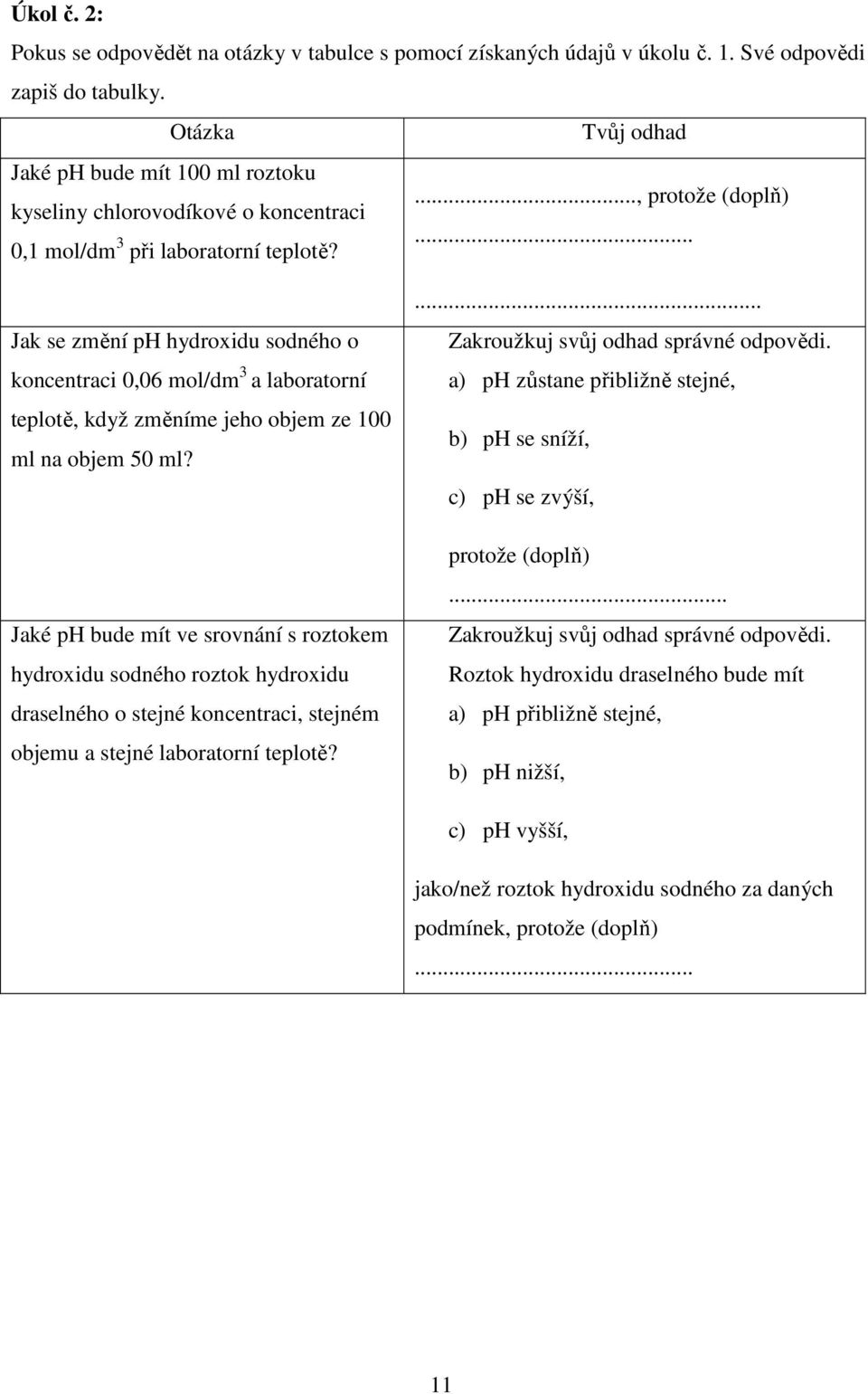 Jak se změní ph hydroxidu sodného o koncentraci 0,06 mol/dm 3 a laboratorní teplotě, když změníme jeho objem ze 100 ml na objem 50 ml?