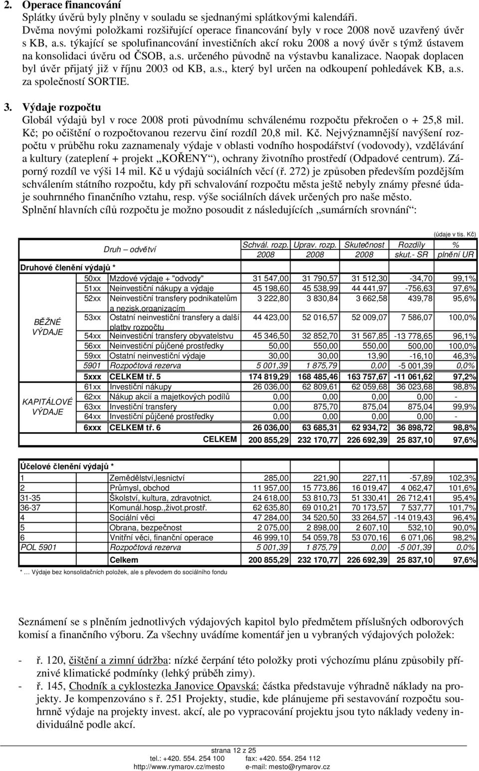 Výdaje rozpočtu Globál výdajů byl v roce 2008 proti původnímu schválenému rozpočtu překročen o + 25,8 mil. Kč;