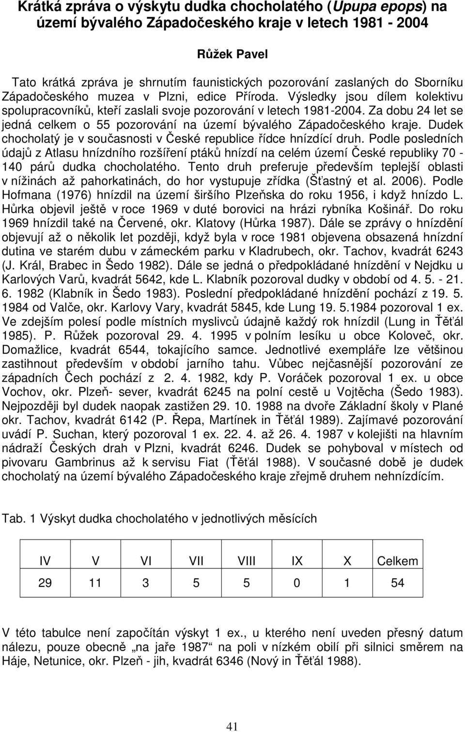 Za dobu 24 let se jedná celkem o 55 pozorování na území bývalého Západočeského kraje. Dudek chocholatý je v současnosti v České republice řídce hnízdící druh.