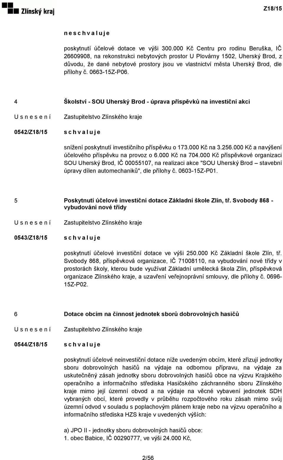 přílohy č. 0663-15Z-P06. 4 Školství - SOU Uherský Brod - úprava příspěvků na investiční akci 0542/Z18/15 snížení poskytnutí investičního příspěvku o 173.000 Kč na 3.256.