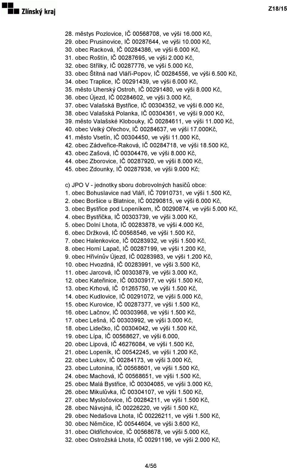 město Uherský Ostroh, IČ 00291480, ve výši 8.000 Kč, 36. obec Újezd, IČ 00284602, ve výši 3.000 Kč, 37. obec Valašská Bystřice, IČ 00304352, ve výši 6.000 Kč, 38.
