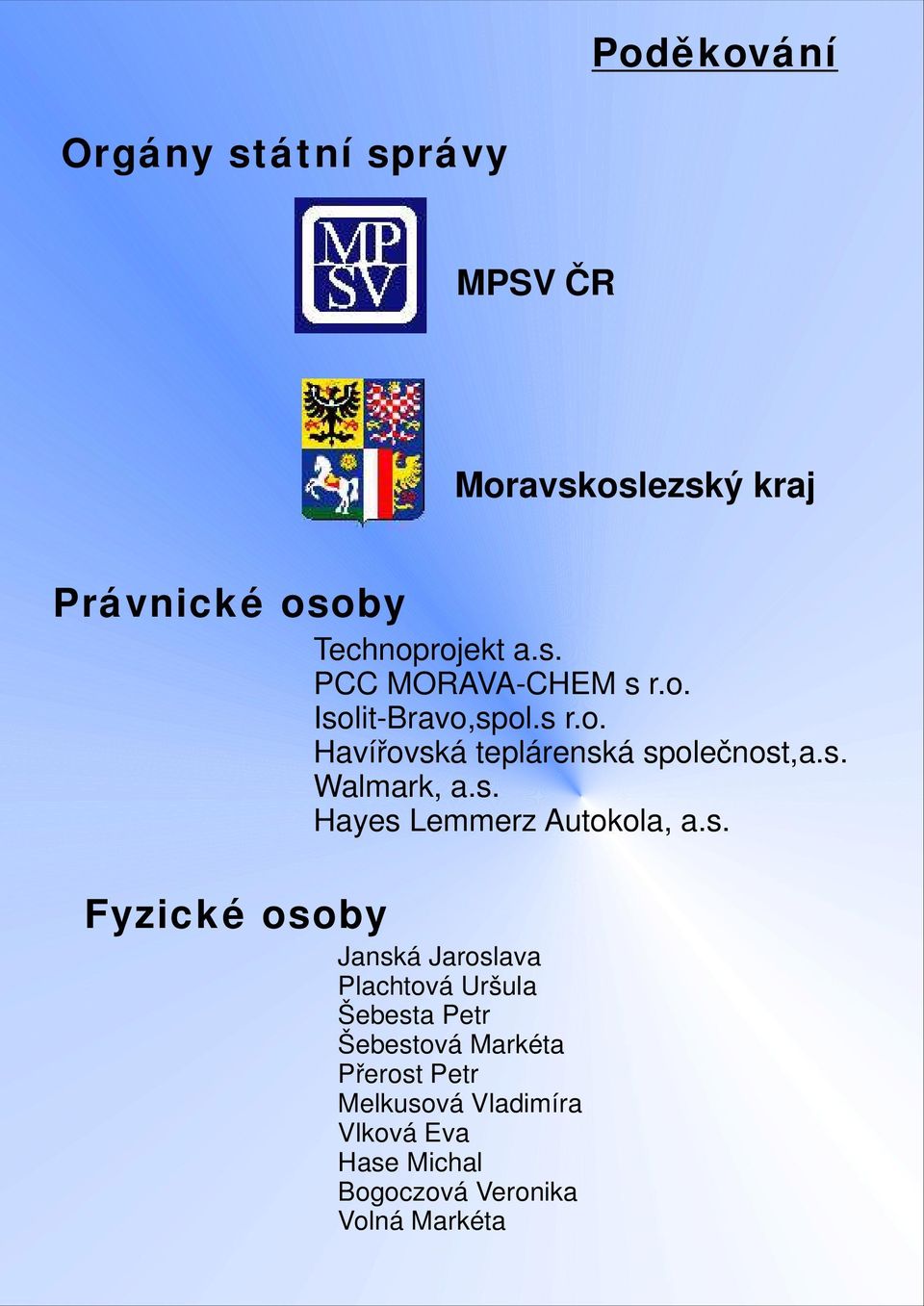 s. Walmark, a.s. Hayes Lemmerz Autokola, a.s. Janská Jaroslava Plachtová Uršula Šebesta Petr