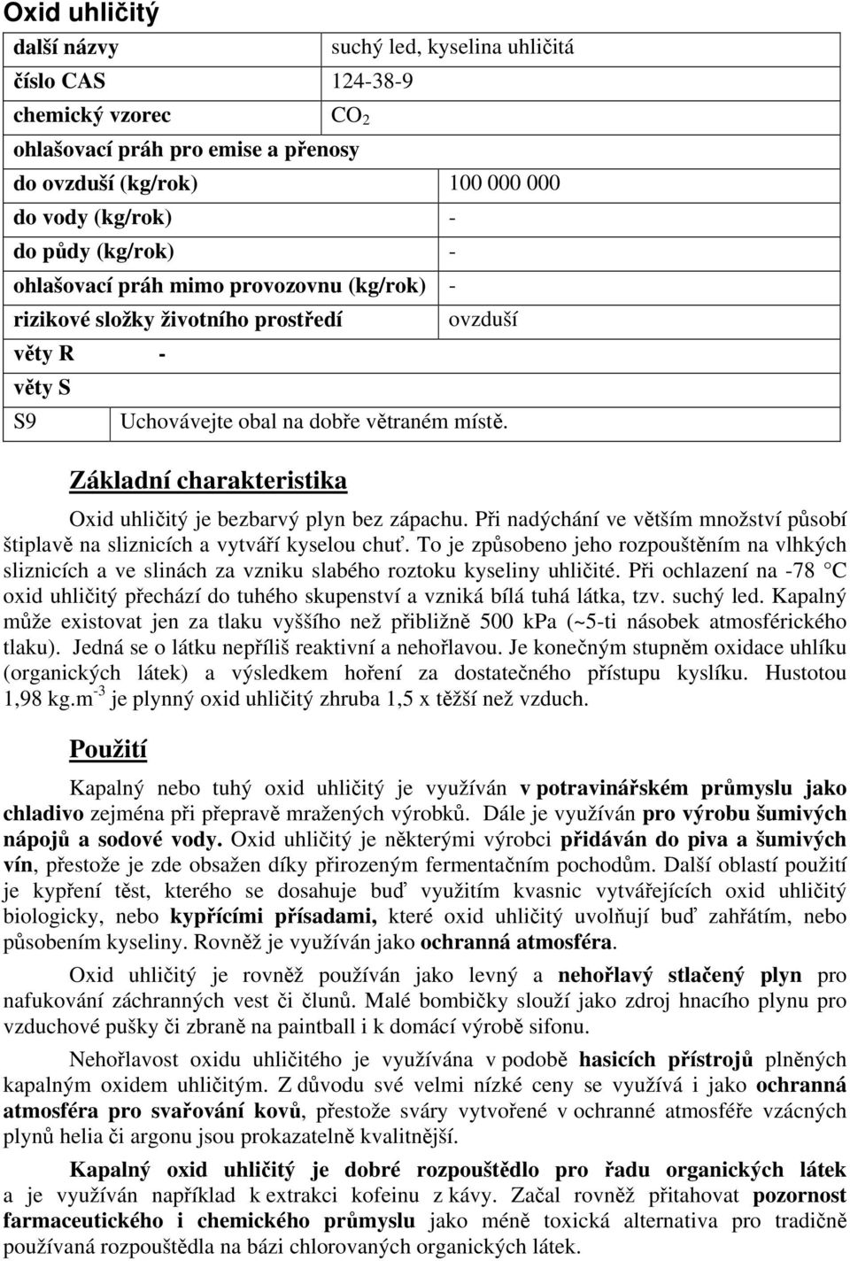 Základní charakteristika Oxid uhličitý je bezbarvý plyn bez zápachu. Při nadýchání ve větším množství působí štiplavě na sliznicích a vytváří kyselou chuť.