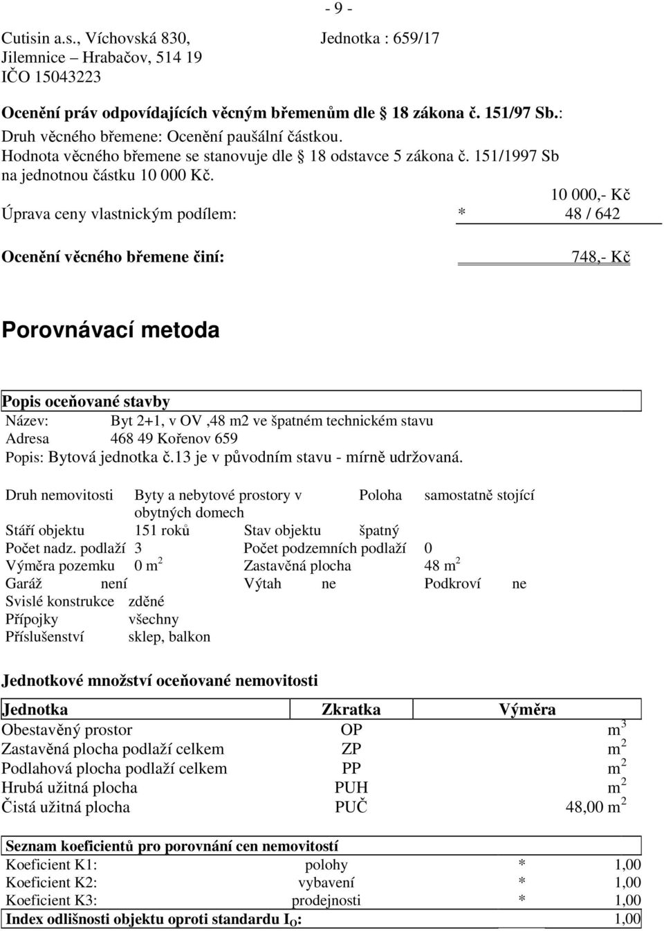 10 000,- Kč Úprava ceny vlastnickým podílem: * 48 / 642 Ocenění věcného břemene činí: 748,- Kč Porovnávací metoda Popis oceňované stavby Název: Byt 2+1, v OV,48 m2 ve špatném technickém stavu Adresa