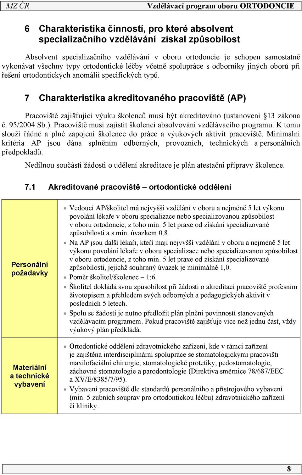 7 Charakteristika akreditovaného pracoviště (AP) Pracoviště zajišťující výuku školenců musí být akreditováno (ustanovení 3 zákona č. 95/004 Sb.). Pracoviště musí zajistit školenci absolvování vzdělávacího programu.