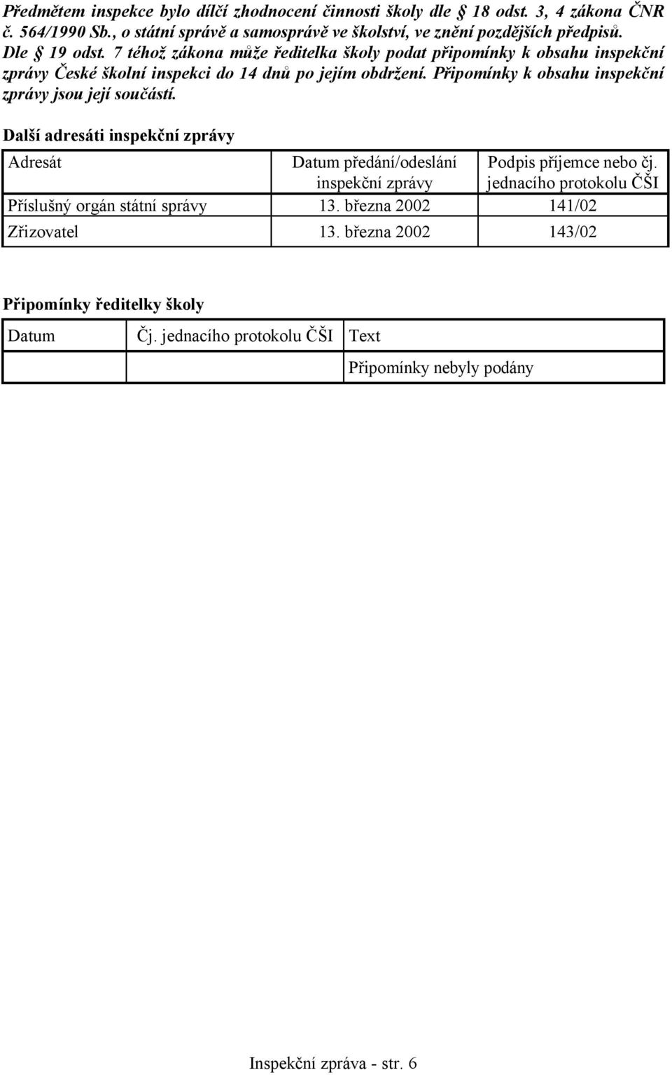 Připomínky k obsahu inspekční zprávy jsou její součástí. Další adresáti inspekční zprávy Adresát Datum předání/odeslání Podpis příjemce nebo čj.