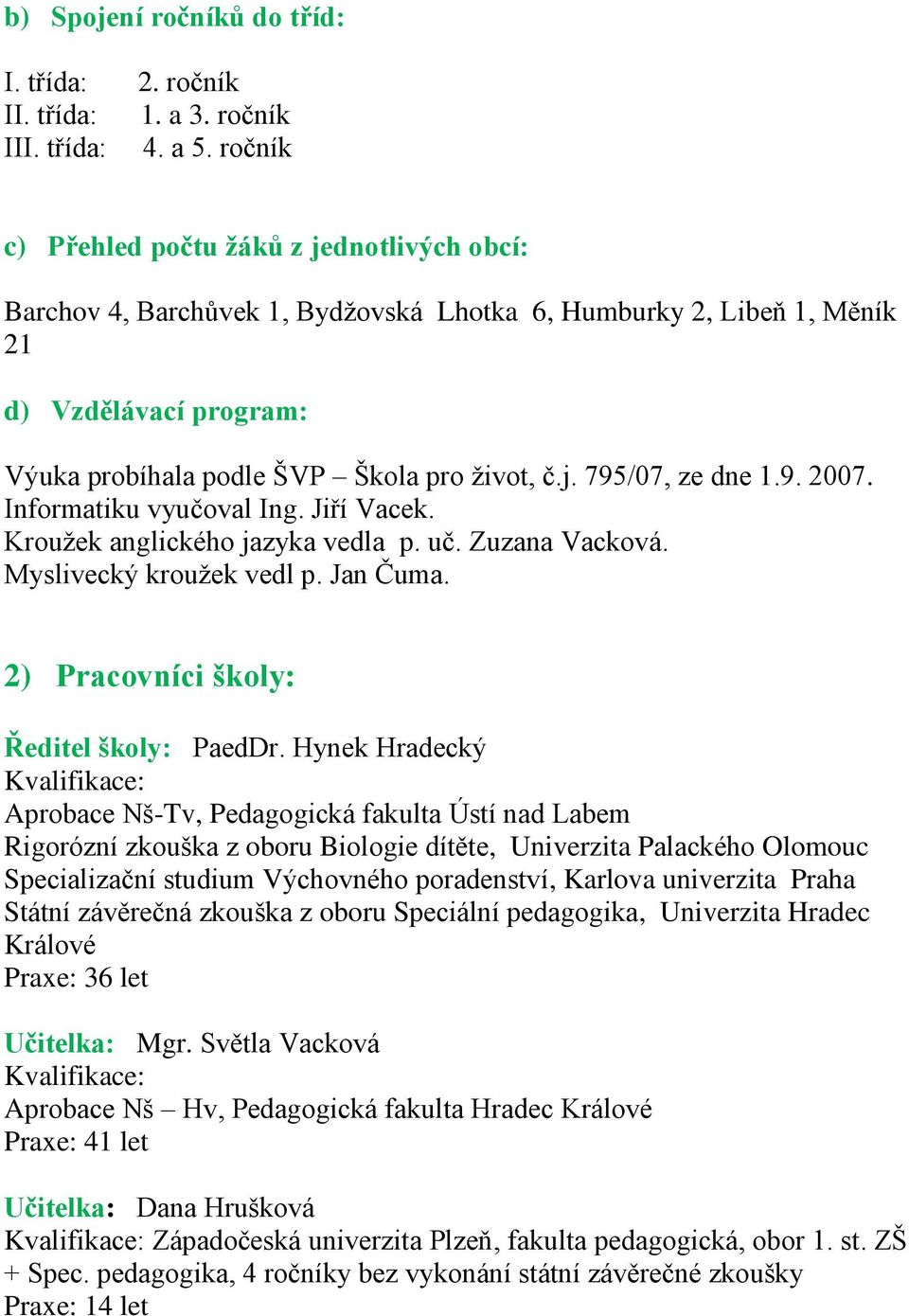 9. 2007. Informatiku vyučoval Ing. Jiří Vacek. Krouţek anglického jazyka vedla p. uč. Zuzana Vacková. Myslivecký krouţek vedl p. Jan Čuma. 2) Pracovníci školy: Ředitel školy: PaedDr.