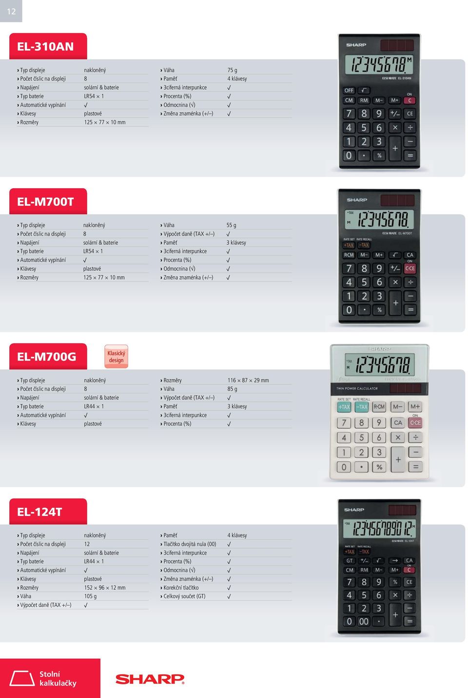 displeje nakloněný Počet číslic na displeji 8 Typ baterie LR44 1 Rozměry 116 87 29 mm Váha 85 g Paměť 3 klávesy EL-124T Typ displeje nakloněný Počet číslic na