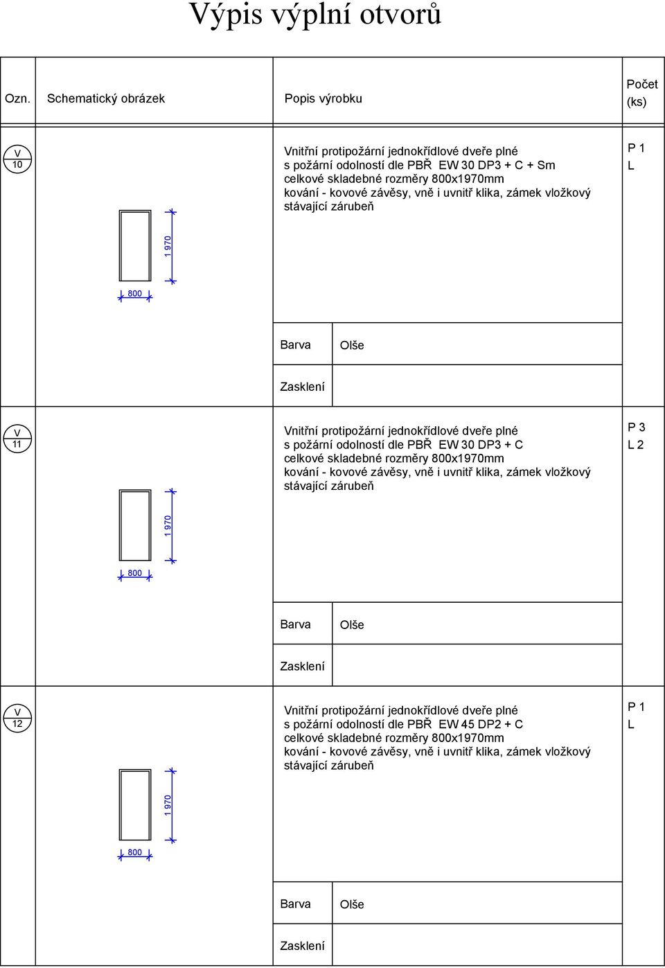 požární odolností dle PBŘ EW 30 DP3 + C celkové skladebné rozměry x970mm P 3 2 2 nitřní