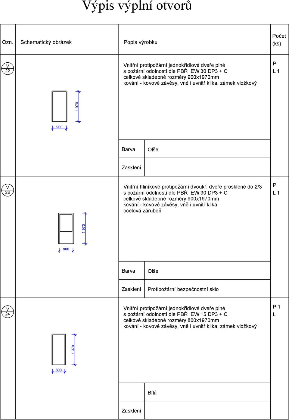 dveře prosklené do 2/3 s požární odolností dle PBŘ EW 30 DP3 + C celkové skladebné rozměry 900x970mm kování - kovové závěsy,