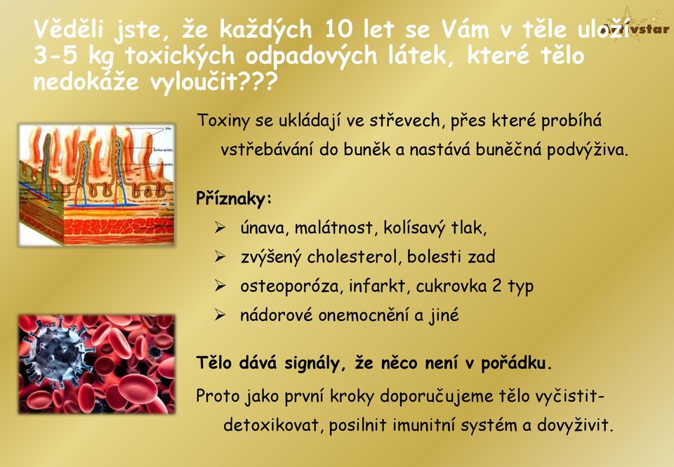 Příznaky: únava, malátnost, kolísavý tlak, zvýšený cholesterol, bolesti zad osteoporóza, infarkt, cukrovka 2 typ nádorové