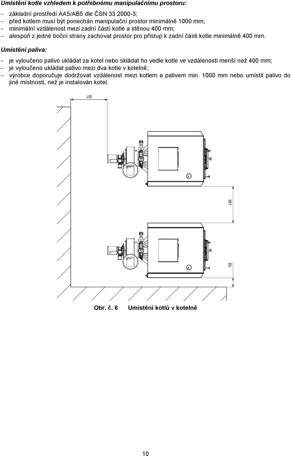 Umístění paliva: je vyloučeno palivo ukládat za kotel nebo skládat ho vedle kotle ve vzdálenosti menší než 400 mm; je vyloučeno ukládat palivo mezi dva kotle v kotelně;