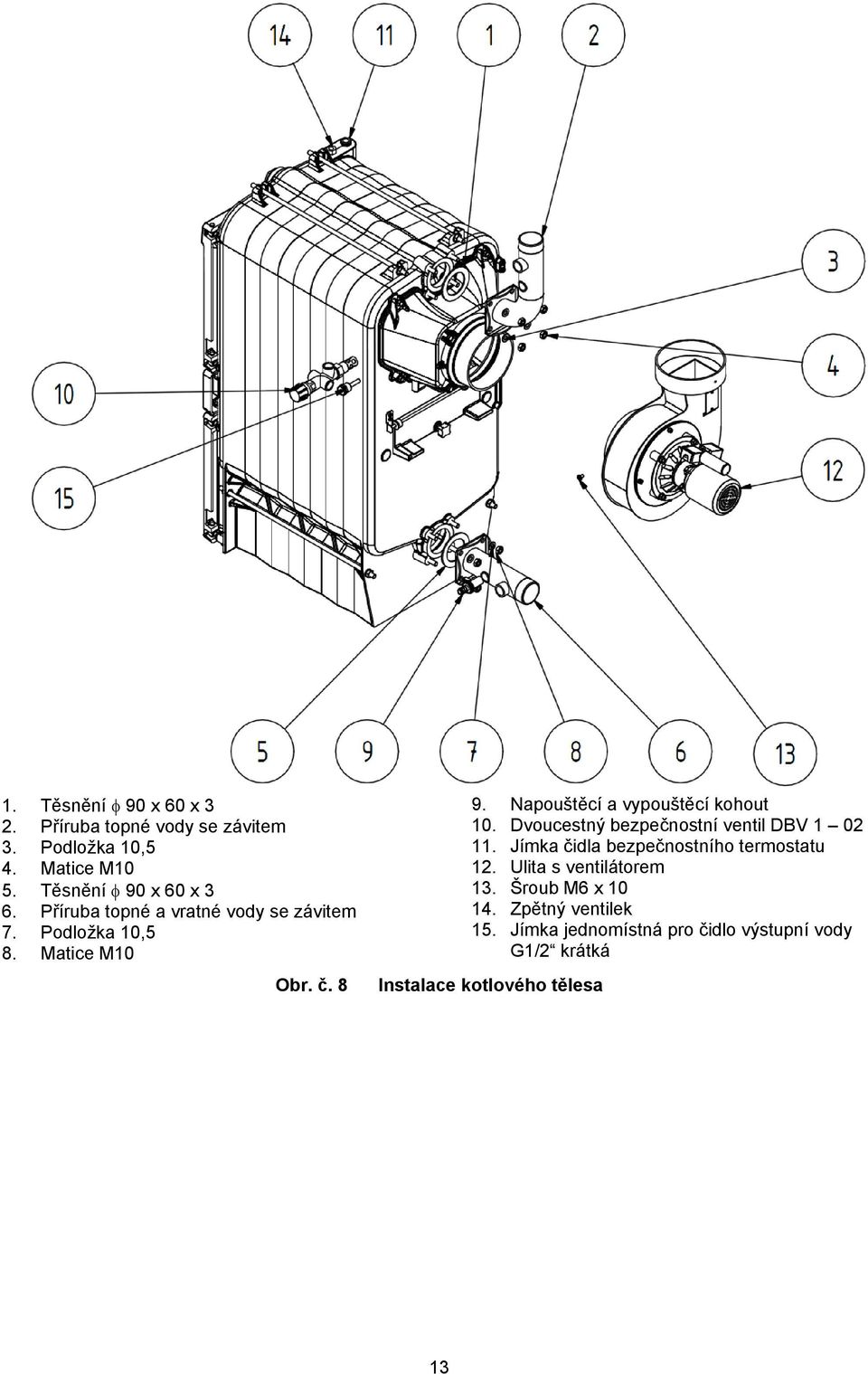 Dvoucestný bezpečnostní ventil DBV 1 02 11. Jímka čidla bezpečnostního termostatu 12. Ulita s ventilátorem 13.