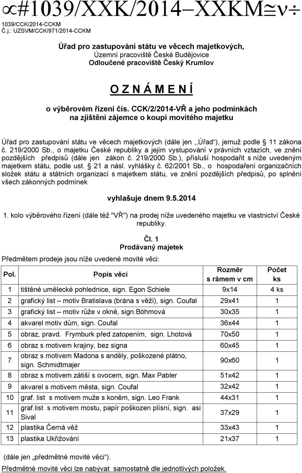 CCK/2/2014-VŘ a jeho podmínkách na zjištění zájemce o koupi movitého majetku Úřad pro zastupování státu ve věcech majetkových (dále jen,,úřad ), jemuž podle 11 zákona č. 219/2000 Sb.