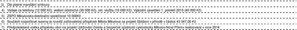 pololetí 2015 (40 000 Kč) 5) ZSPO Mikulovsko-destinační společnost 10 000Kč 6) Součástí rozpočtové rezervy je rovněž