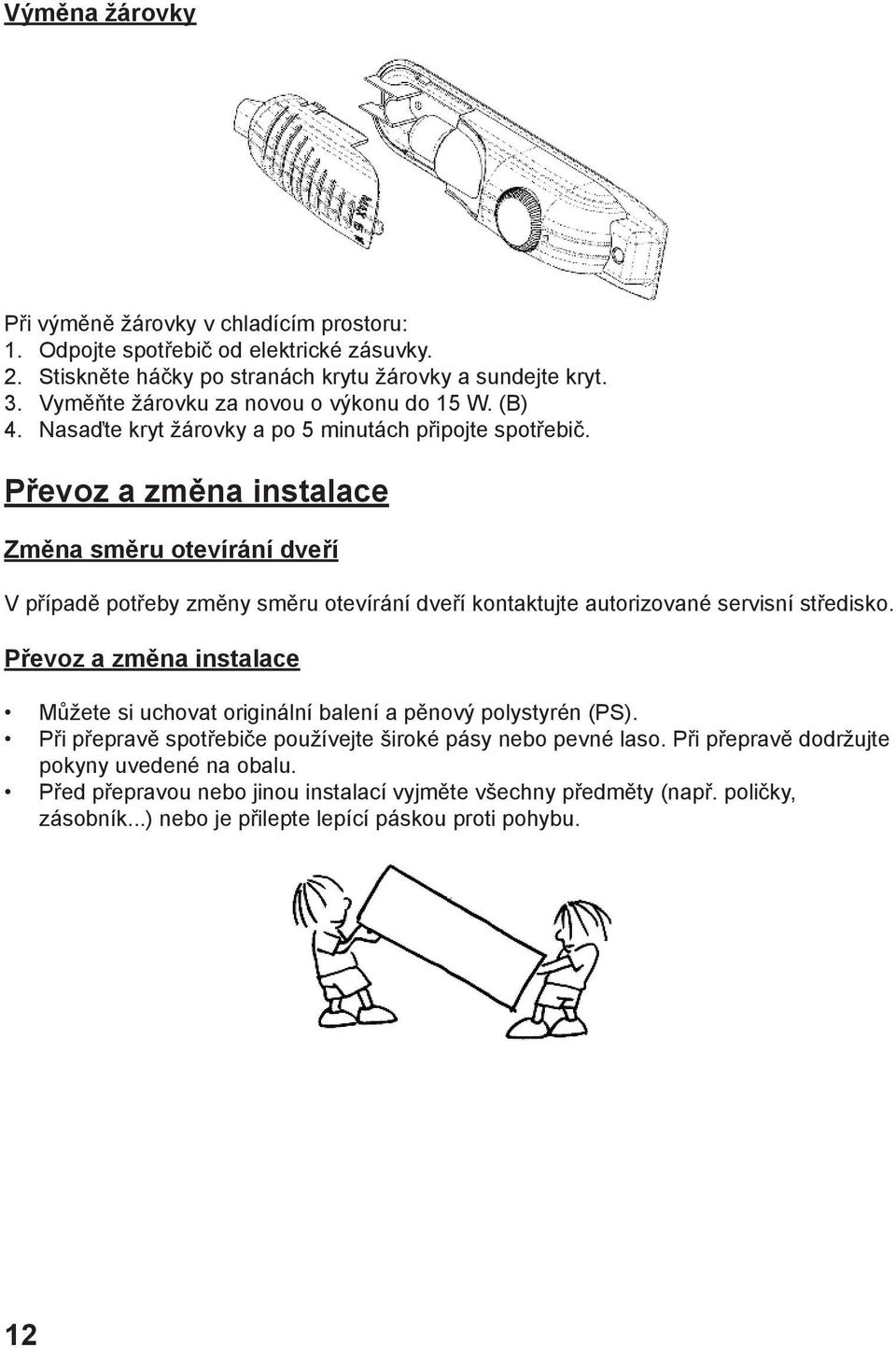 Převoz a změna instalace Změna směru otevírání dveří V případě potřeby změny směru otevírání dveří kontaktujte autorizované servisní středisko.