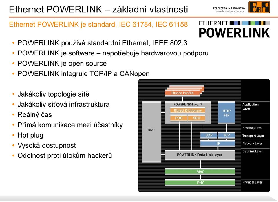 3 POWERLINK je software nepotřebuje hardwarovou podporu POWERLINK je open source POWERLINK integruje