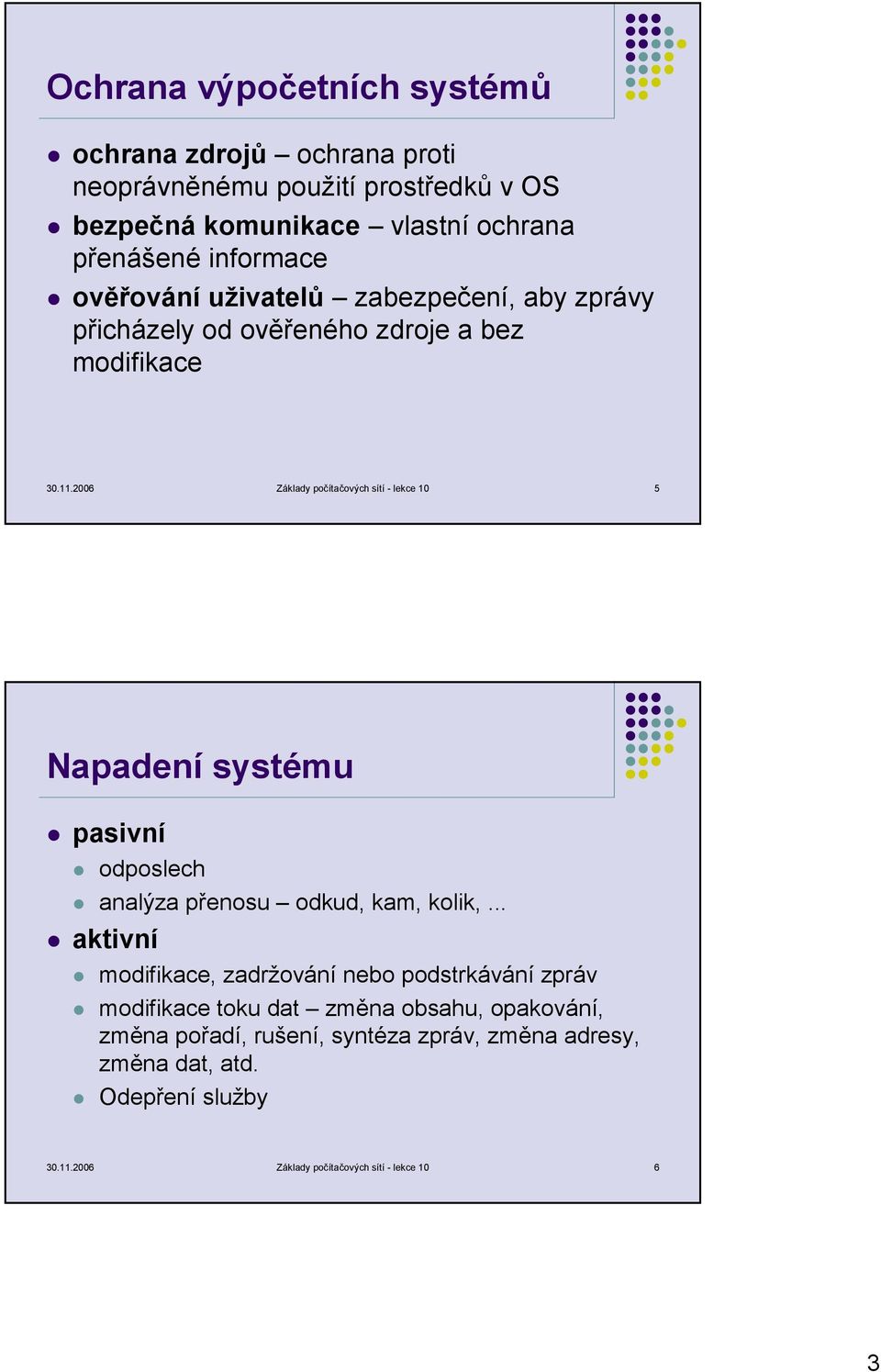 2006 Základy počítačových sítí - lekce 10 5 Napadení systému pasivní odposlech analýza přenosu odkud, kam, kolik,.
