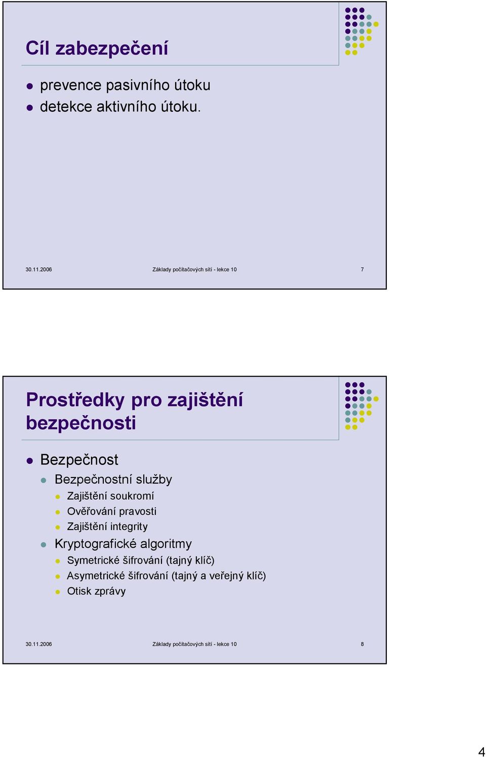 Bezpečnostní služby Zajištění soukromí Ověřování pravosti Zajištění integrity Kryptografické algoritmy