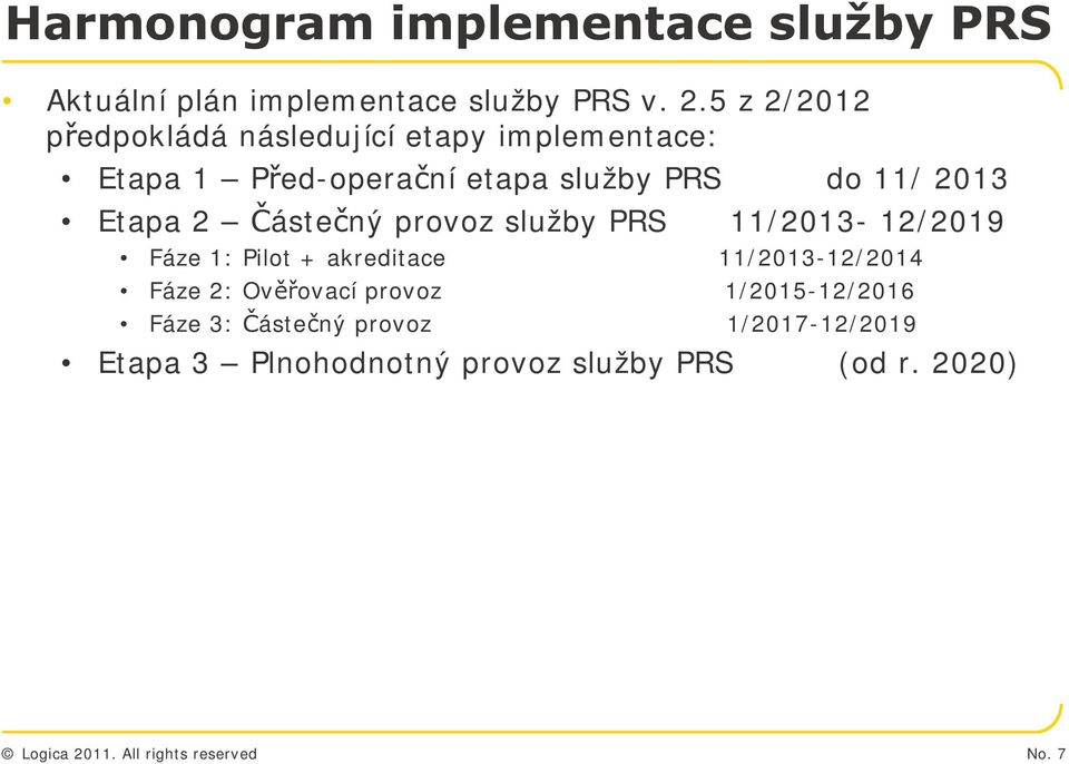 2013 Etapa 2 Částečný provoz služby PRS 11/2013-12/2019 Fáze 1: Pilot + akreditace 11/2013-12/2014 Fáze