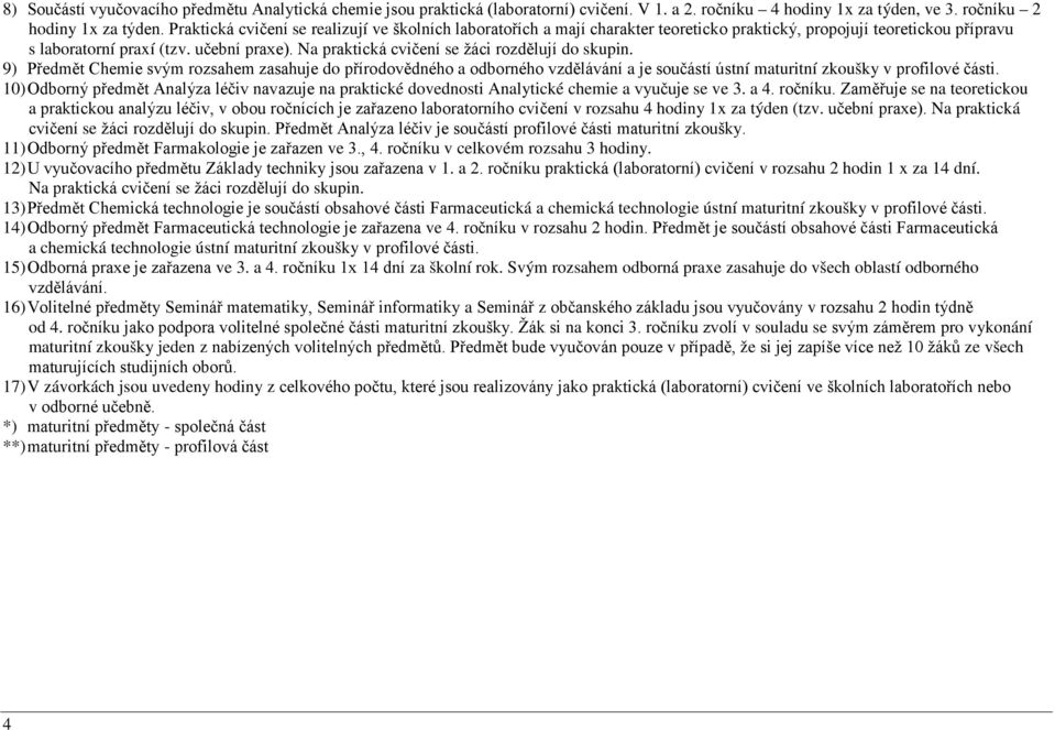 Na praktická cvičení se žáci rozdělují do skupin. 9) Předmět Chemie svým rozsahem zasahuje do přírodovědného a odborného vzdělávání a je součástí ústní maturitní zkoušky v profilové části.