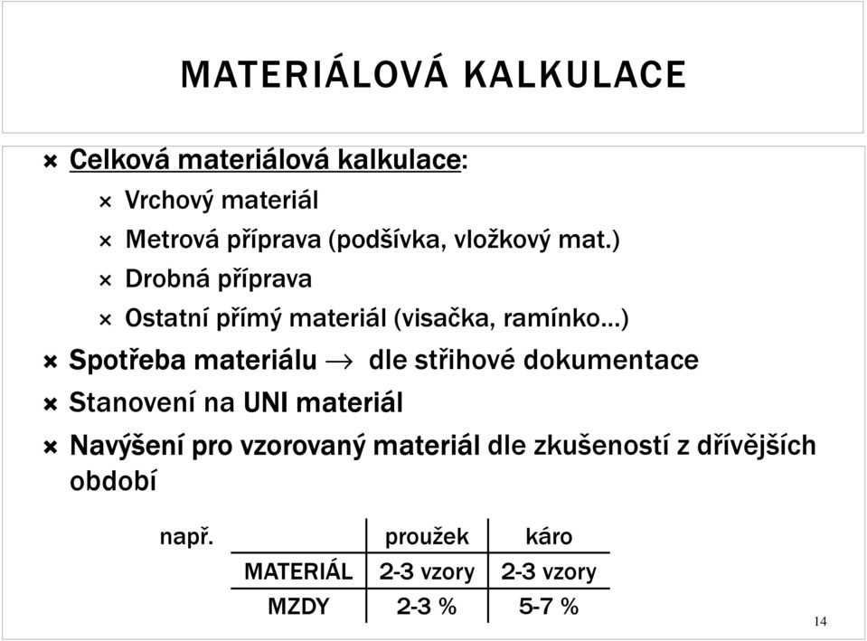 ) Drobná příprava Ostatní přímý materiál (visačka, ramínko ) Spotřeba materiálu dle střihové