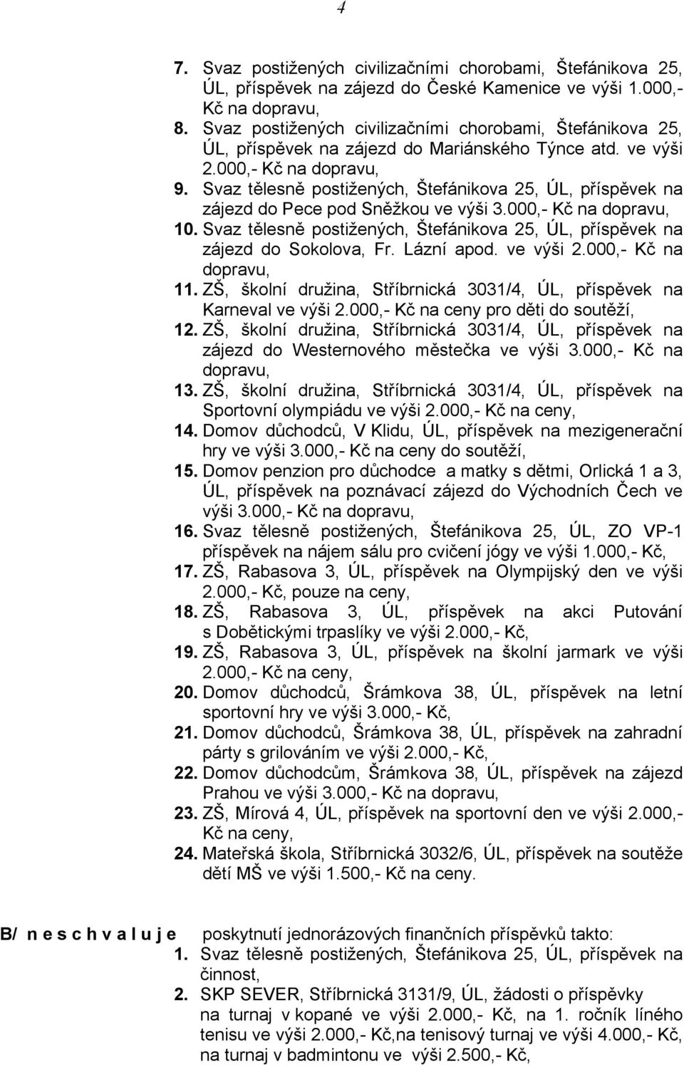 Svaz tělesně postižených, Štefánikova 25, ÚL, příspěvek na zájezd do Pece pod Sněžkou ve výši 3.000,- Kč na dopravu, 10.