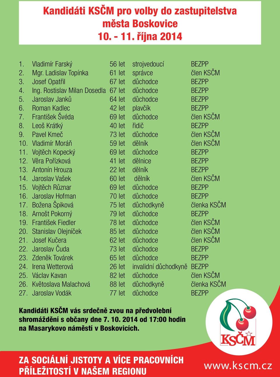 František Švéda 69 let důchodce člen KSČM 8. Leoš Krátký 40 let řidič BEZPP 9. Pavel Kmeč 73 let důchodce člen KSČM 10. Vladimír Moráň 59 let dělník člen KSČM 11.